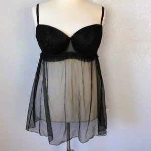 Cacique 22/24/2X Baby Doll Chemise Black Silk Lingerie